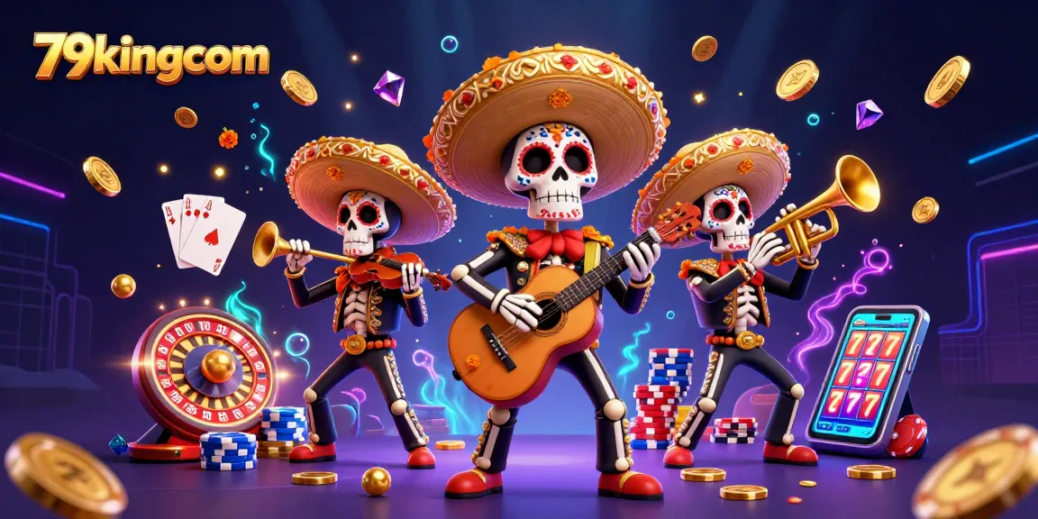 Engage in the vibrant world of 79kingcom with a lively casino illustration featuring skeleton mariachis.