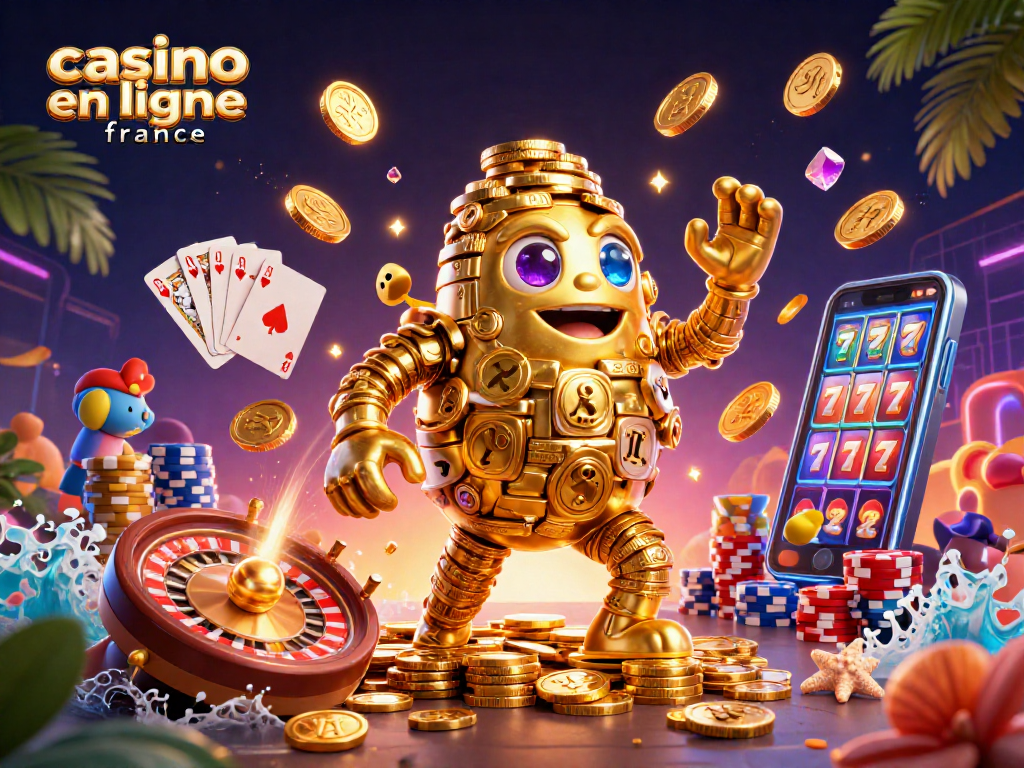 Plongez dans l'univers du casino en ligne France avec un golem doré et des pièces volantes.