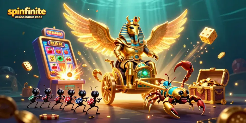 Spinfinite casino bonus code illustration featuring a pharaoh scarab and dynamic slot machine scene.