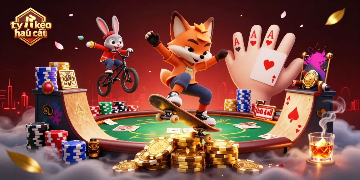 Catch the excitement of tỷ lệ kèo nhà cái with a skateboarder fox and BMX rabbit in this dynamic casino scene!