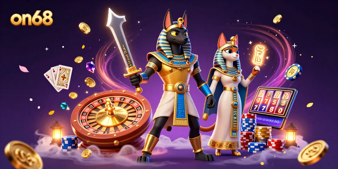 Experience thrilling gameplay with on68's dynamic casino scene featuring Anubis and Bastet.