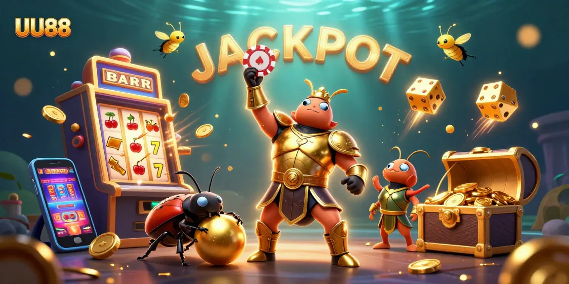UU88 showcases a winning beetle lifting a poker chip amidst high-stakes casino elements.