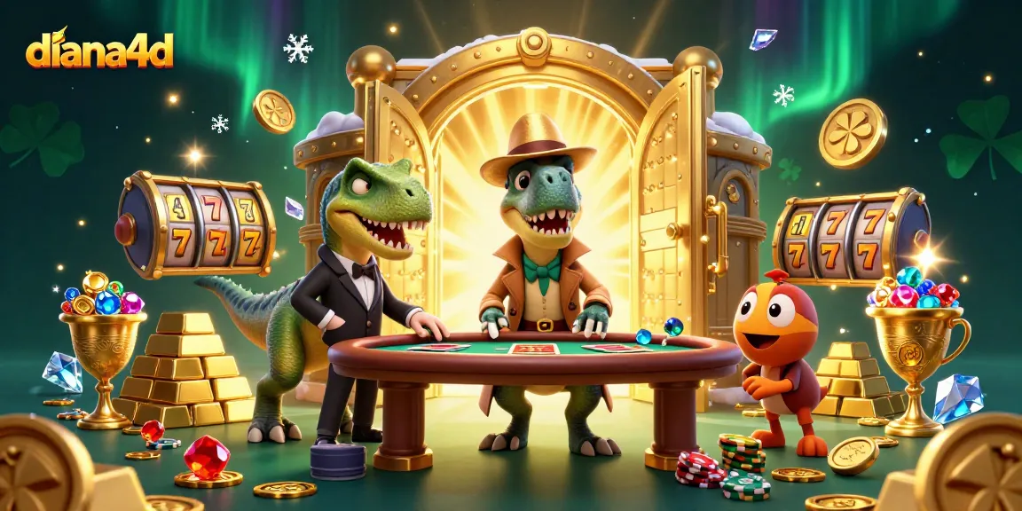 Diana4D vibrant casino scene with a velociraptor at a blackjack table, dynamic treasures scattered.
