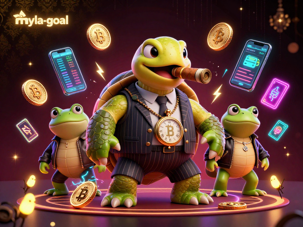 Engage with myla-goal's immersive casino experience featuring a massive snapping turtle and bullfrog enforcers in a vibrant digital illustration.