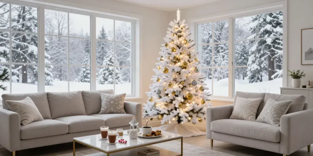 Elegant living room showcasing a white artificial Christmas tree with festive decor.