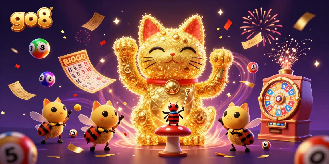 Experience the thrill at go8 with a vibrant casino atmosphere featuring a lucky cat, festive elements, and exciting game symbols.