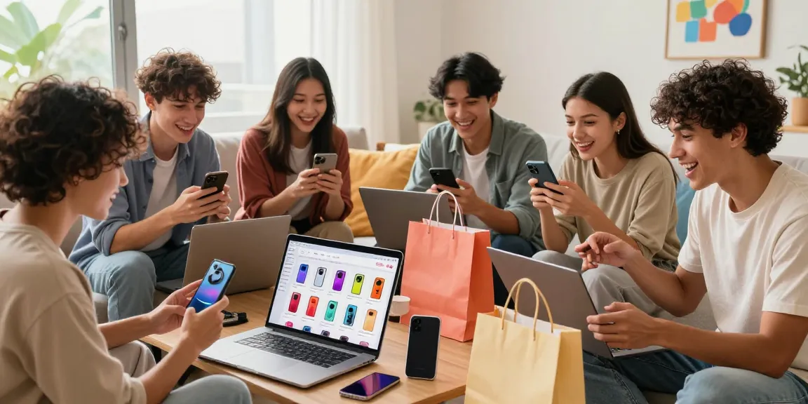 M98 ล๊อตเว็บตรง 2026 - Engaging online shopping scene with diverse young adults exploring e-commerce in a vibrant living room.