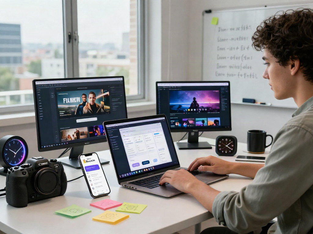 Pikashow APK download in a modern tech workspace with multiple devices and a vibrant atmosphere.