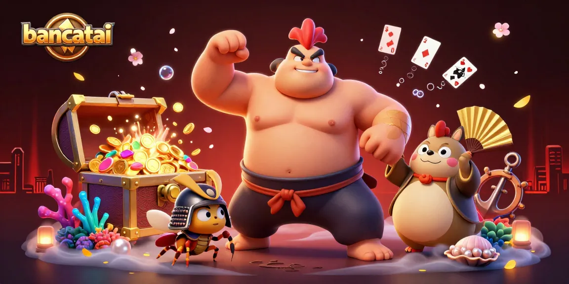 Bancatai engages gamblers with a dynamic 3D illustration featuring sumo wrestlers and treasure elements.