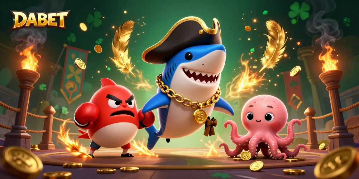 DABET showcases an engaging scene with a cheerful pirate shark, an angry pufferfish, and a cute octopus surrounded by casino elements.