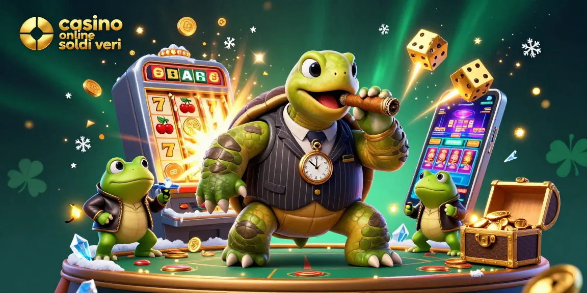 Scopri i giochi casinò online soldi veri con la tartaruga gangster in un'illustrazione 3D vibrante.