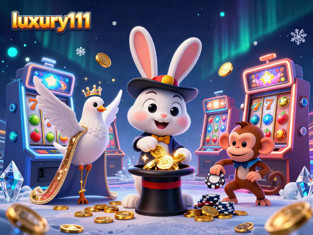 Experience the magic of luxury111 with a dynamic casino scene featuring enchanting characters and vibrant slot machines.