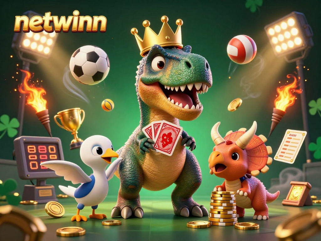 Join the action with netwinn as the T-Rex shuffles cards with its tiny arms, surrounded by vibrant casino elements.
