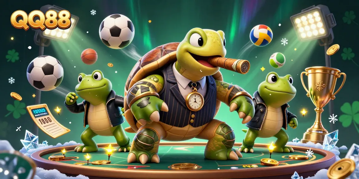 Experience the excitement of QQ88 with a lively 3D scene featuring a mobster turtle and dynamic sports elements.