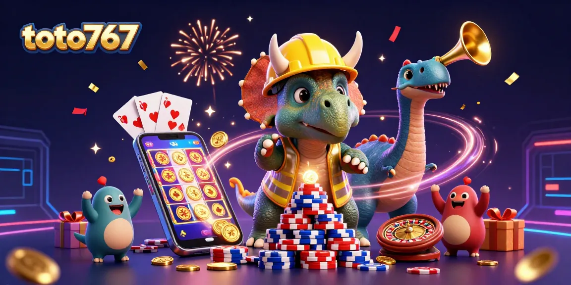 Toto767 merayakan permainan slot dengan triceratops dan perayaan confetti yang berkilau.