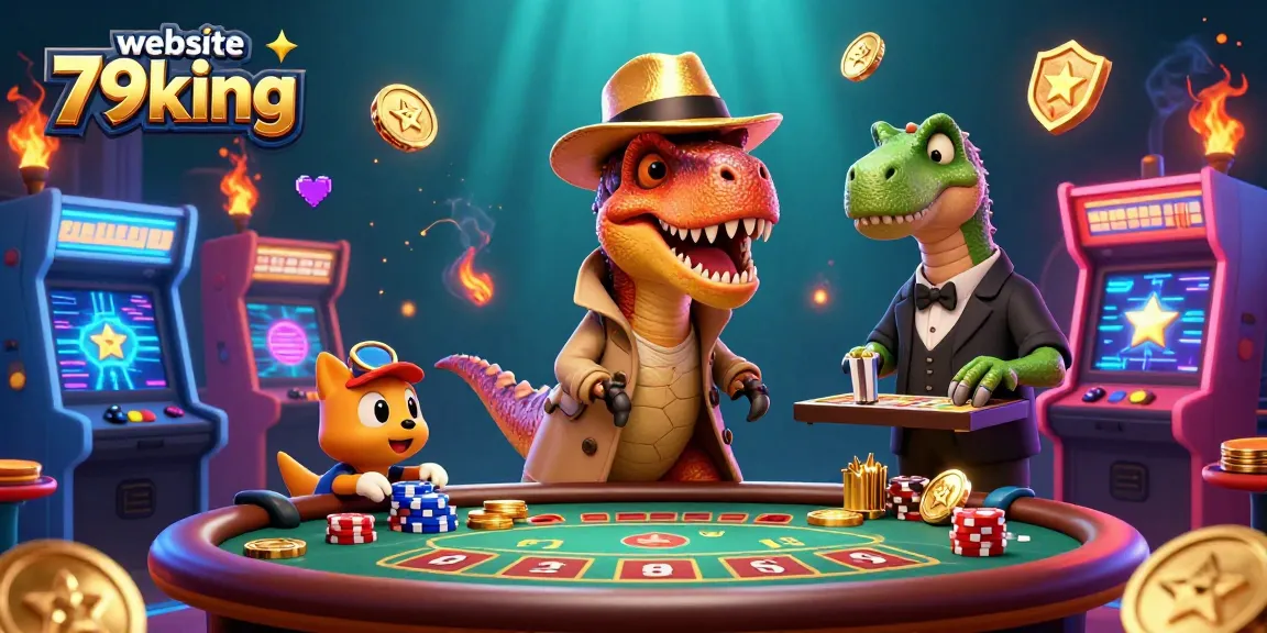 Experience intrigue at website 79king as a velociraptor card counter and a stegosaurus pit boss clash in a lively casino scene.
