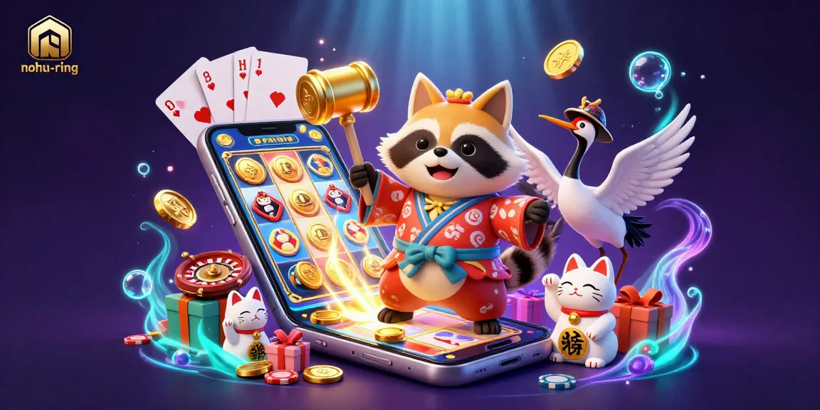 Nohiring players enjoy vibrant slot games with cheerful tanuki and lucky symbols amidst vivid game elements.