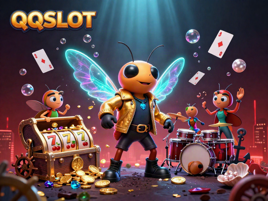 Engage with QQSLOT's vibrant underwater casino featuring a cicada rock star and slot machines.
