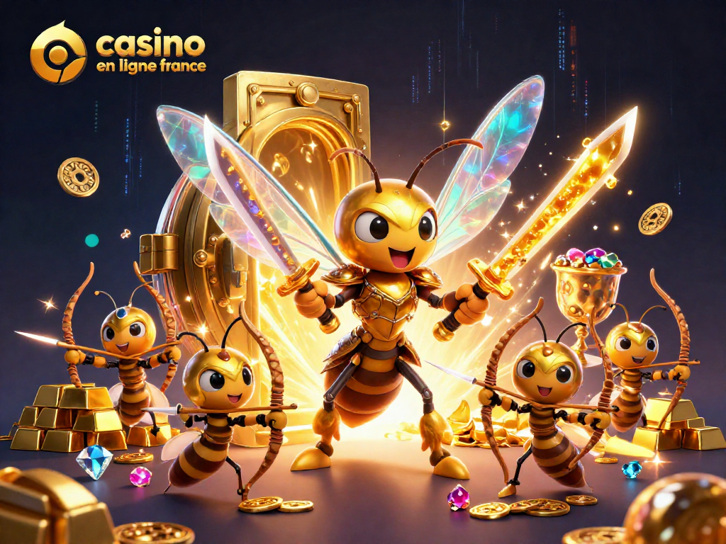La scène dynamique d'un casino en ligne France avec un immense frelon doré en armure de samouraï entouré de richesses et de couleurs éclatantes.