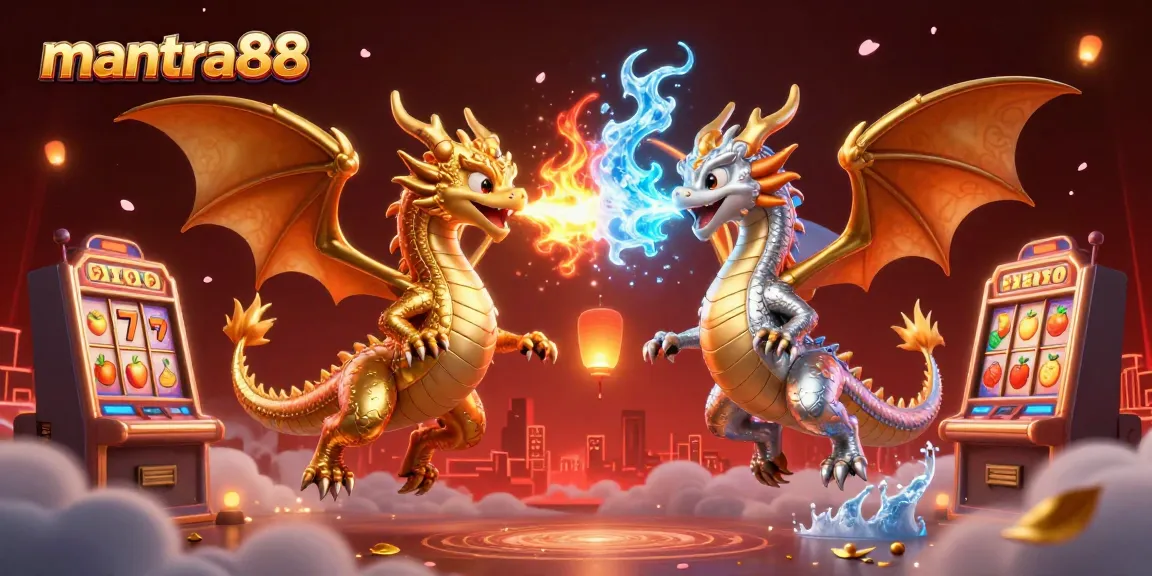 Experience thrilling wins with mantra88's vibrant gaming scene featuring dragons and slot machines.