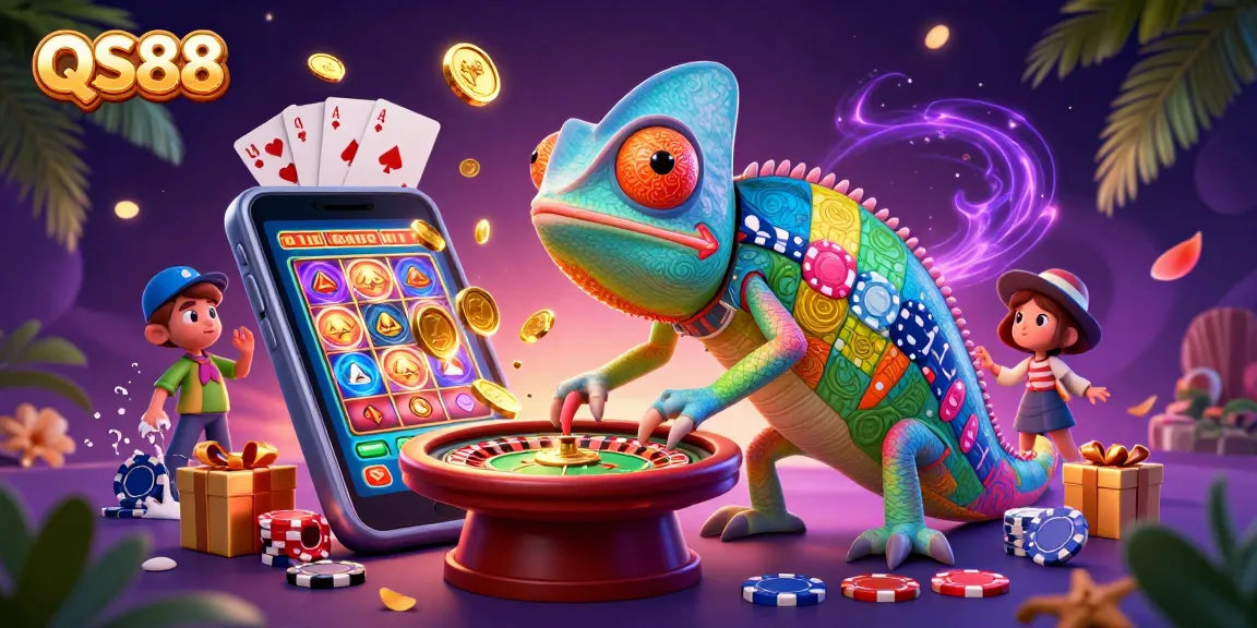 Engage with QS88's vibrant gaming world featuring a colorful casino scene with a unique chameleon owner.
