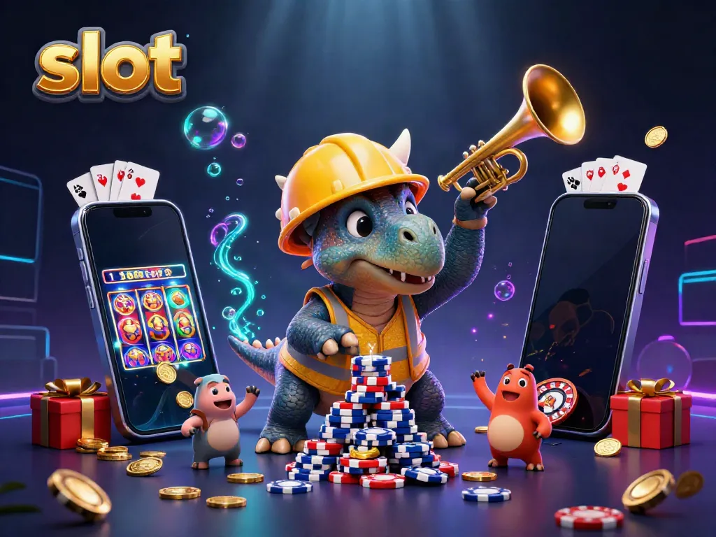 Simulasi penuh warna dengan slot dan karakter kartun yang menyenangkan, menampilkan triceratops membangun tumpukan chip poker.