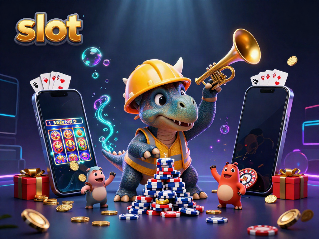 Simulasi penuh warna dengan slot dan karakter kartun yang menyenangkan, menampilkan triceratops membangun tumpukan chip poker.