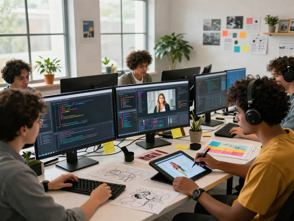 Co-creation of AI porn in a vibrant digital art studio with diverse professionals.