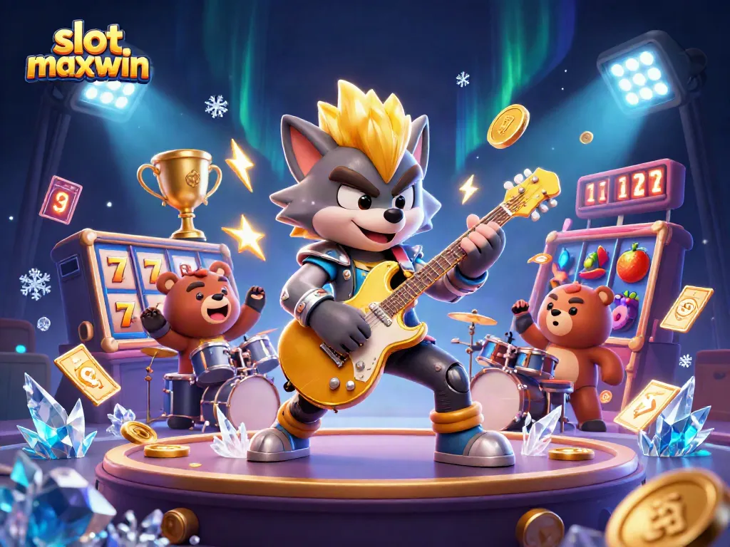 Spin slots with slot maxwin, a rockstar wolf playing guitar and vibrant casino elements.