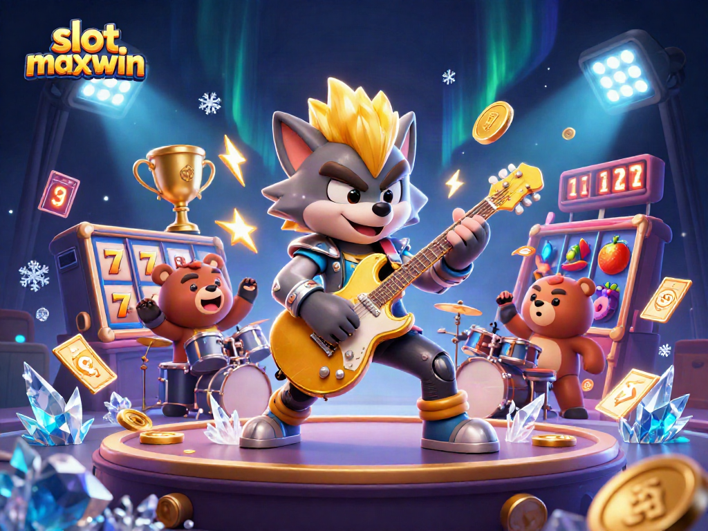 Spin slots with slot maxwin, a rockstar wolf playing guitar and vibrant casino elements.