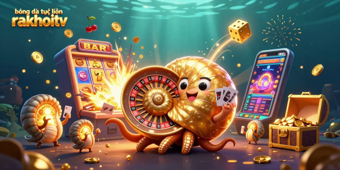 Experience exciting bóng đá trực tuyến rakhoitv with vibrant characters, casino elements, and dynamic action illustrated.