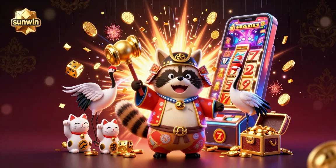 Experience the excitement of sunwin's colorful casino with a cheerful tanuki, golden mallet, and jackpots!