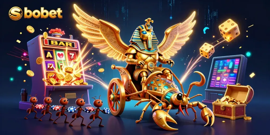 Engage with sbobet's exhilarating betting on a vibrant casino scene featuring golden beetles and jackpots.