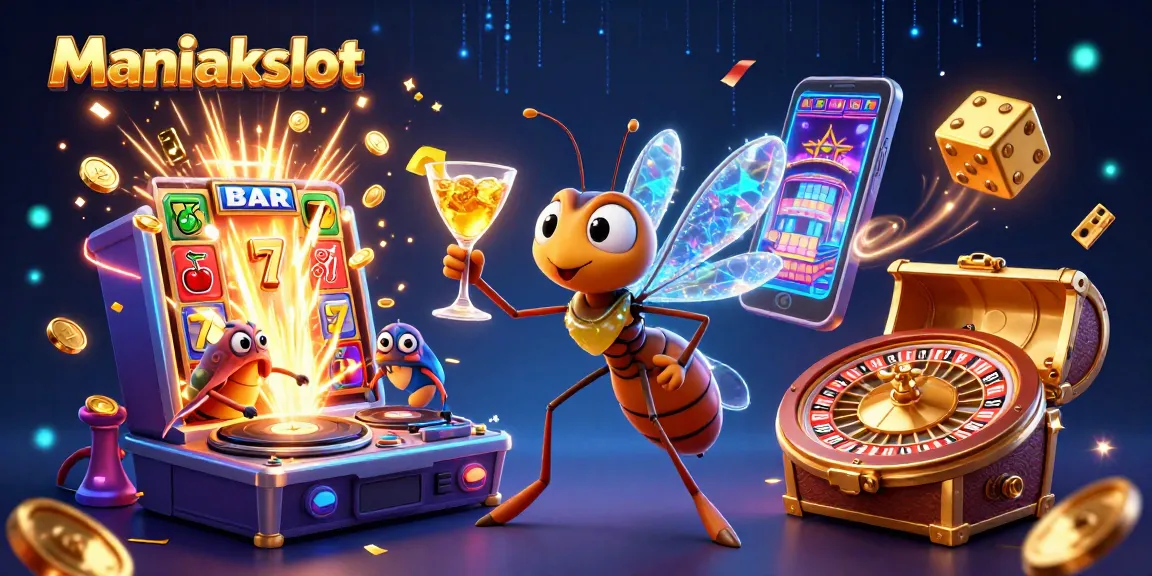 Win big with Maniakslot as a 3D mosquito mascot and a trilobite DJ in a vibrant casino scene.