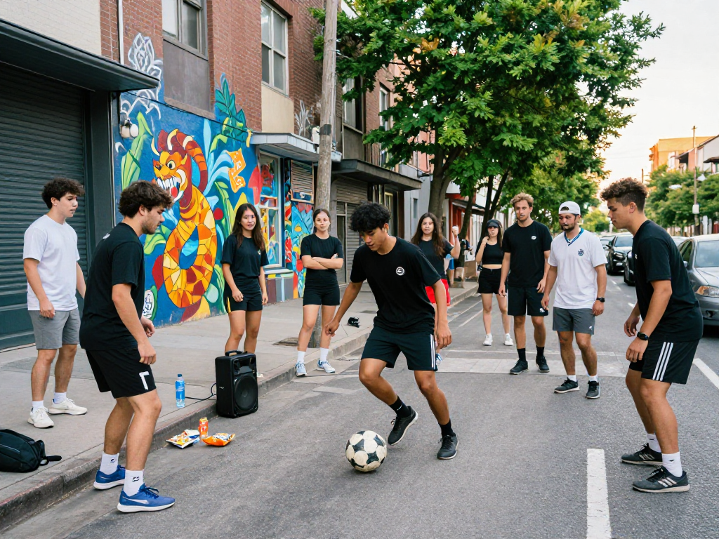 Delapan toto - Pemain sepak bola jalanan menunjukkan keterampilan dribbling di lingkungan perkotaan yang ceria.
