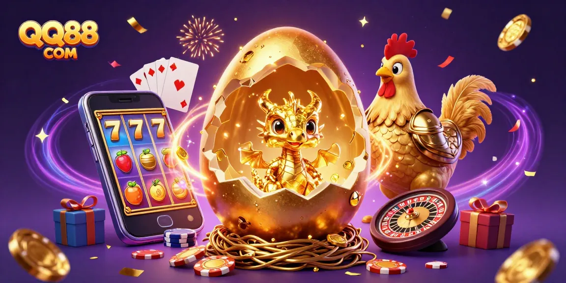 Experience the thrill with QQ88 COM as the golden dragon emerges from a poker chip nest in a vibrant casino scene.