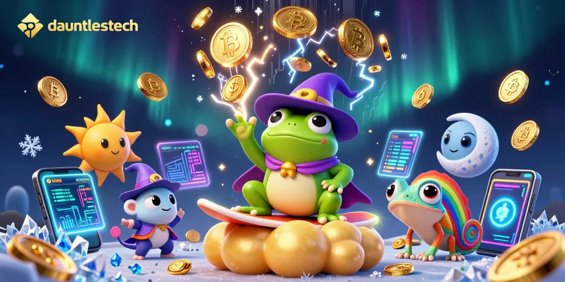 Experience dauntlesstech's vibrant casino adventure with a golden coin storm and dynamic chameleon.