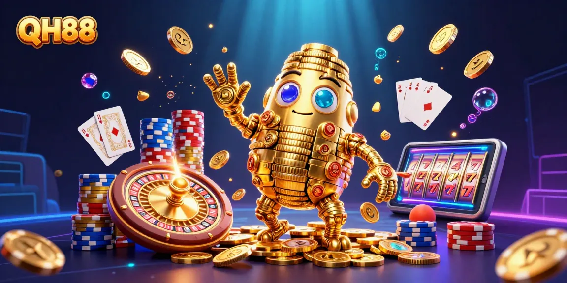 Engage in thrilling gaming with QH88's vibrant 3D casino scene featuring dynamic characters and elements.