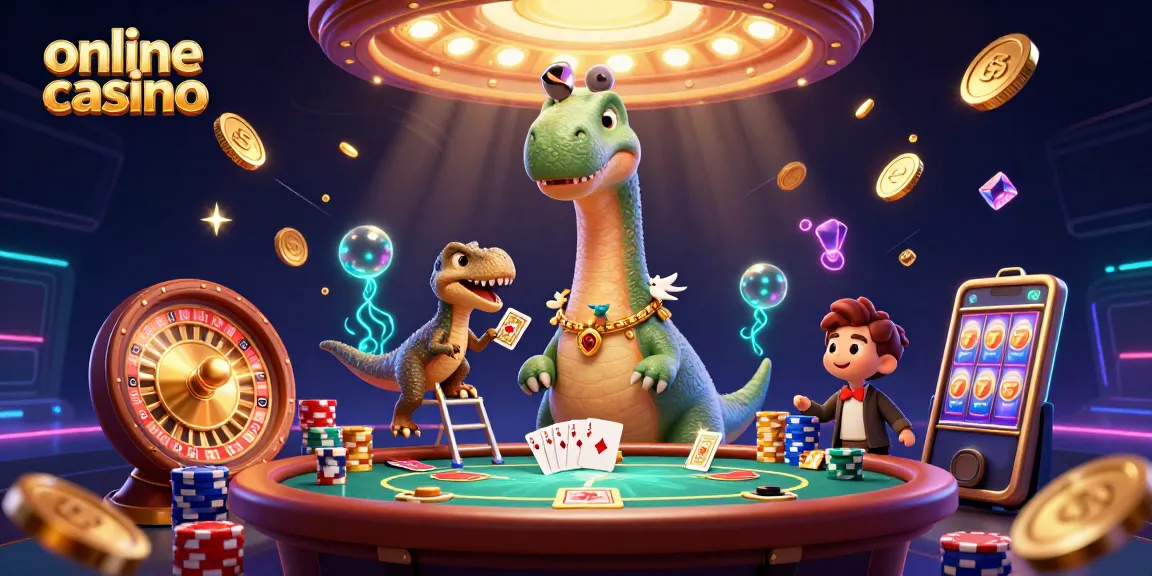 Engaging scene of an online casino featuring a towering brontosaurus and clever raptor amidst vibrant gaming elements.