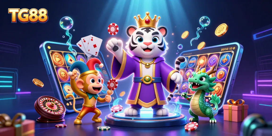 TG88 captivates with vibrant, dynamic casino scene featuring a tiger and monkey amidst gaming elements.