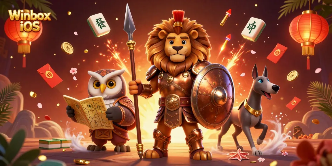 Experience the thrilling Winbox iOS app, featuring dynamic characters and vibrant casino elements.