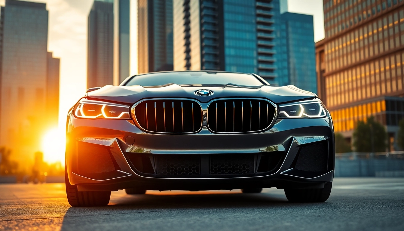 A Luxury BMW car parked elegantly against a sophisticated urban backdrop.