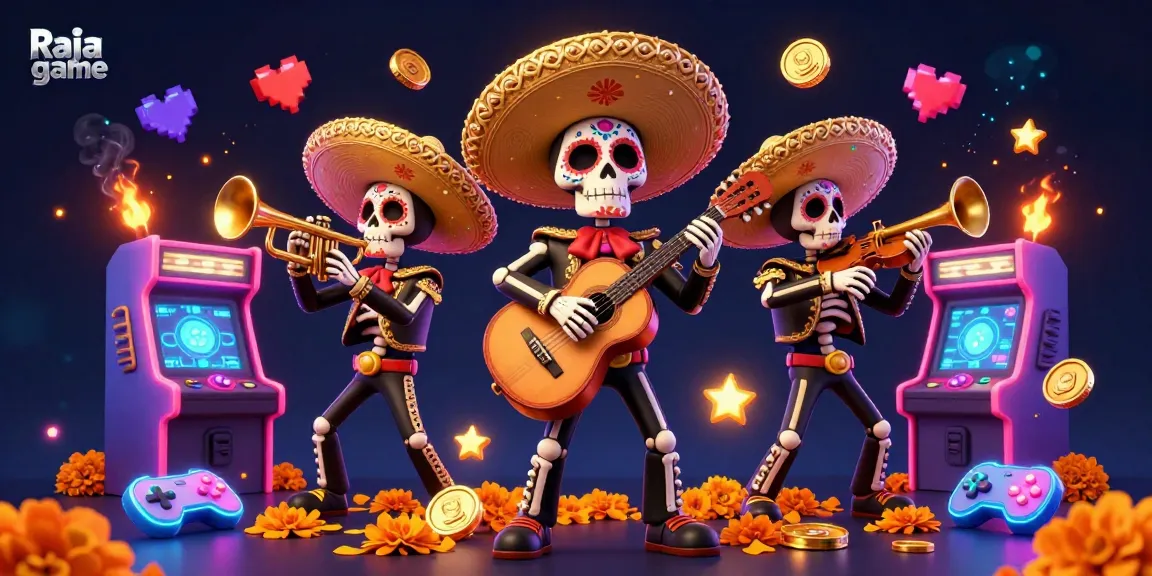 Experience thrilling gameplay with Raja game featuring a vibrant mariachi band and 3D arcade elements.