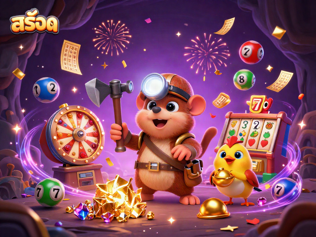 Experience สล็อต with a vibrant scene of a treasure hunter mole amidst slot reels and colorful lottery balls.