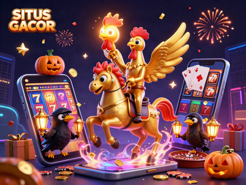 SITUS GACOR features a golden rooster riding a spectral horse among casino excitement, highlighting vibrant slot gaming.