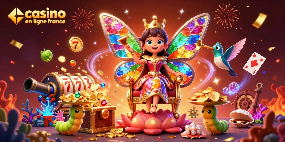 Visuel captivant mettant en avant le casino en ligne France avec une reine papillon et des éléments de jeu flamboyants.