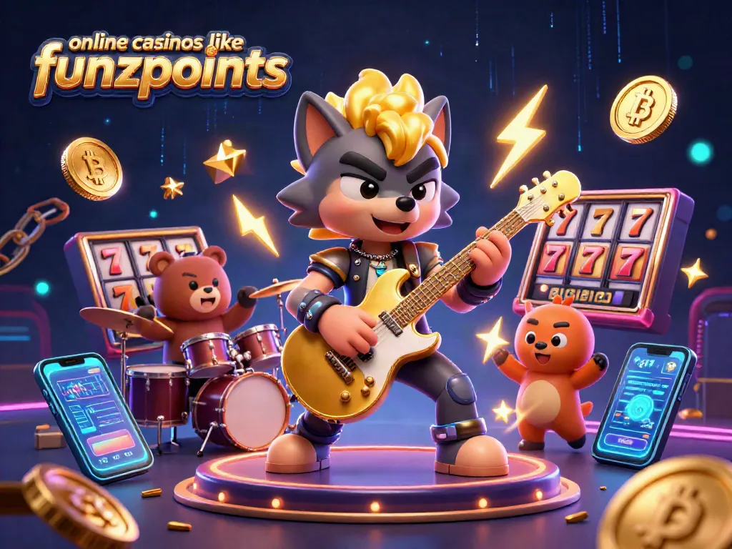 Immerse in online casinos like Funzpoints, with cartoon characters shredding guitars amid swirling slot reels and crypto coins.
