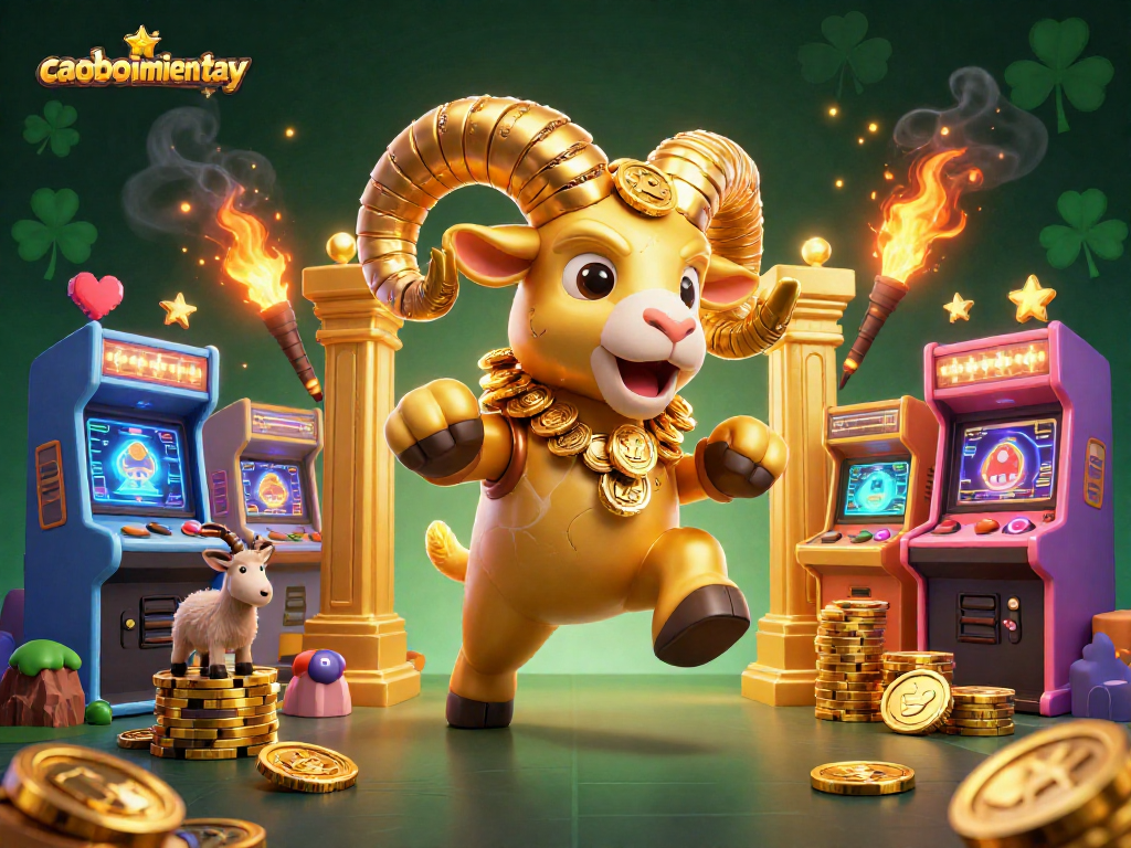 Catch thrilling game action in caoboimientay with a dazzling golden ram charging at the gate, surrounded by arcade elements.