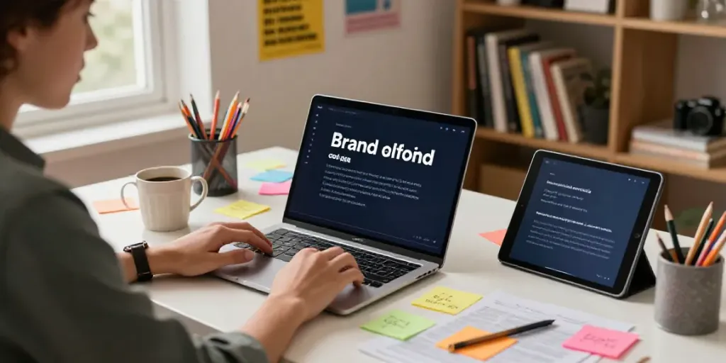 Generate brand slogans with AI in a creative workspace filled with ideas.