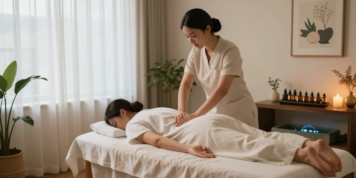 스웨디시 마사지를 받는 모습, 편안한 분위기의 마사지 스튜디오에서 치료사가 고객을 돌보고 있는 장면